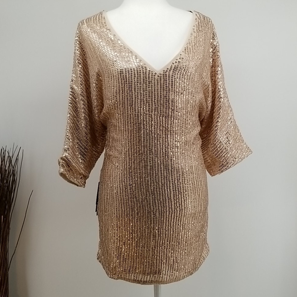 Marciano‎ Rose Gold Sequined Vneck Mini Dress